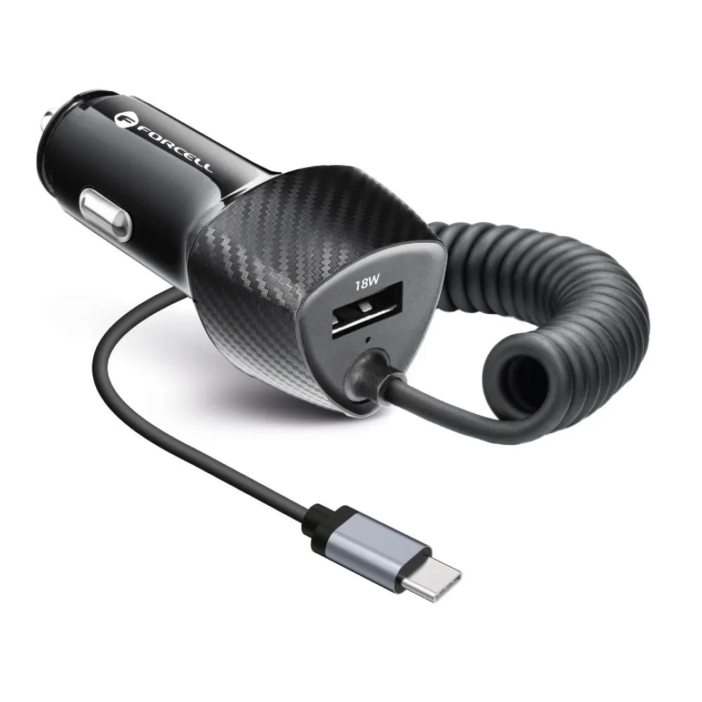 Incărcător auto FORCELL F-ENERGY Carbon CC50-1AC USB A cu cablu Tip C PD QC3.0 3A 38W Negru - Lilo Trend S.R.L.