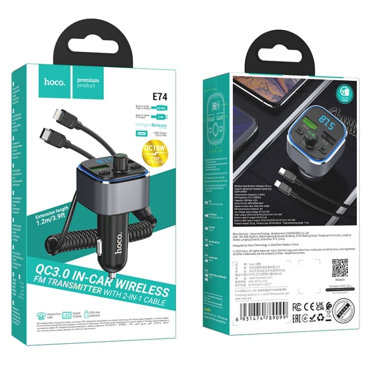HOCO E74, Adaptor Modulator FM, Incarcator cu 2 porturi USB, Cablu 2 in 1, BT 5.0, Negru - Lilo Trend S.R.L.