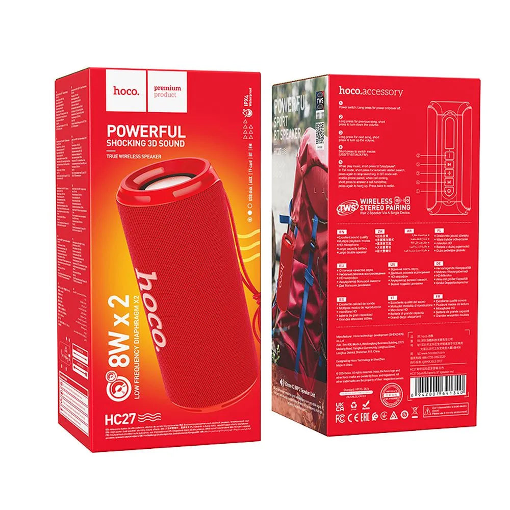 HOCO HC27, Boxă wireless, bluetooth 2 x 8W, Roșie - Lilo Trend S.R.L.
