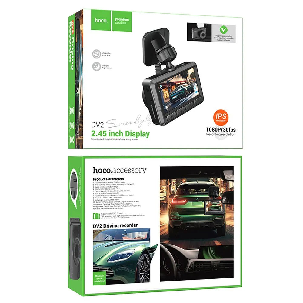 HOCO DV2, Cameră auto cu ecran 2,45" 1080P/30fps, Neagră - Lilo Trend S.R.L.