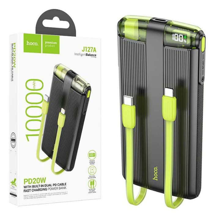 HOCO J127A, Powerbank 10.000mAh, Mini cabluri Type-C si Lightning, Incarcare rapida 20W, Negru - Lilo Trend S.R.L.