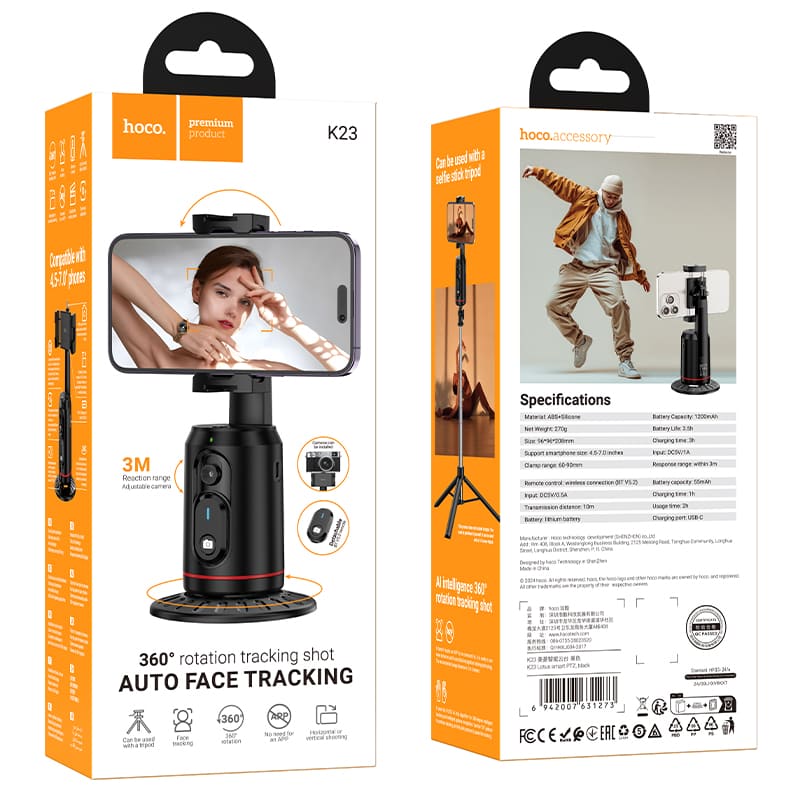 HOCO K23, Suport telefon mobil 360 grade cu urmărire automată a feței, Negru - Lilo Trend S.R.L.